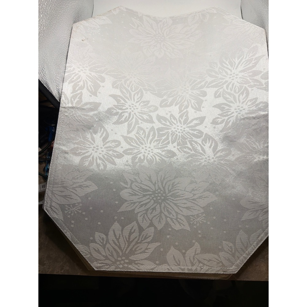 White Damask Poinsettia Christmas Placemats Set of 4 Octagon Holiday Table Decor